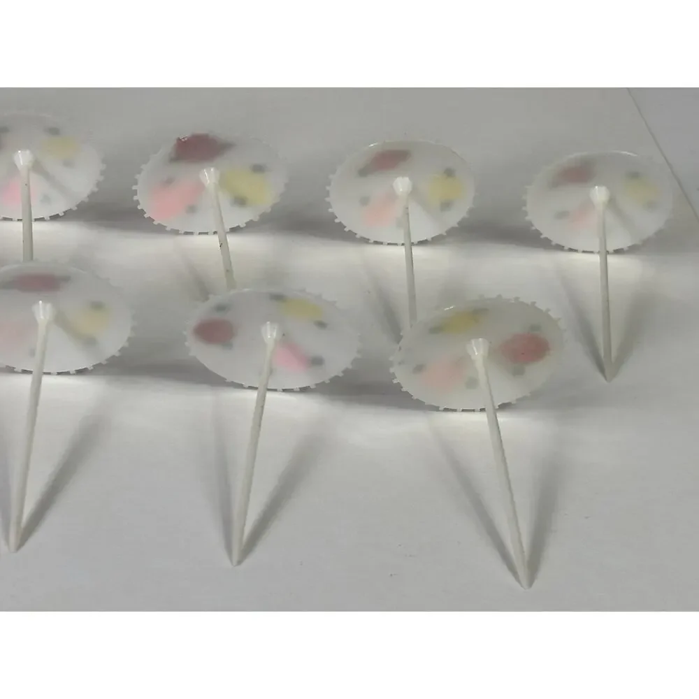20 Vintage Plastic Cake Topper Parasols Painted Umbrellas Floral Pearlescent